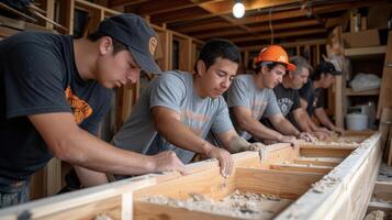 ein fotografieren von ein Gruppe von Handwerker Arbeiten zusammen zu vorsichtig Installieren und Fertig Mass angefertigt Schränke im ein Zuhause Renovierung präsentieren das Kollaborativ Anstrengung und Fachkenntnisse foto