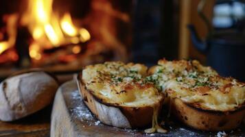hingeben im ein Geschmack von Wales mit diese traditionell Mahlzeit von getoastet Brot und ein Reich samtig Käse Gebräu fachmännisch gekocht Über das Feuer zum ein rustikal berühren foto