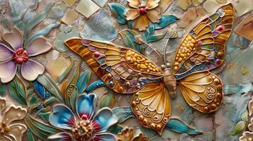 Uhr wie das Sonnenlicht Tänze aus das kompliziert Muster und Glasuren von ein detailliert Keramik Schmetterling und Blume Mosaik. foto