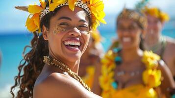 lächelnd Tänzer schwanken zu das energisch schlagen von traditionell tropisch Musik- auf das Strand foto