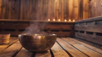 das sanft summen von ein Himalaya Singen Schüssel vibrieren während das Sauna Erstellen ein friedlich und Erdung Energie. foto