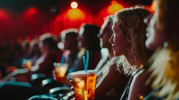 Teilnehmer vertieft im das Film Sein gezeigt ihr nicht alkoholisch Getränke im Hand beim das Film Festival foto