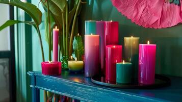 ein auffällig Anzeige von beschwingt Kerzen im verschiedene Größen schmücken ein schick Konsole Tabelle im ein stilvoll Eingang. 2d eben Karikatur foto