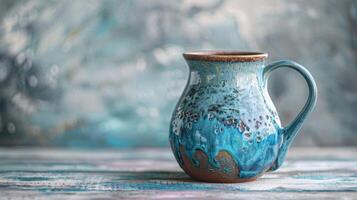 ein schön handgemalt Keramik Krug mit ein subtil christine_schoen Textur erinnernd von das Ozeane felsig Ufer. foto