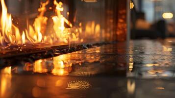 das Hitze von das Feuer Tänze gegen das glänzend Oberflächen von das reflektierend Kamin umgeben. 2d eben Karikatur foto
