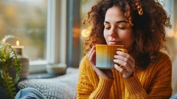 ein Frau hält ein Becher von warm Tee wie sie sitzt im Schneidersitz auf ein Kissen ihr Augen geschlossen im ein Moment von reflektierend Meditation foto