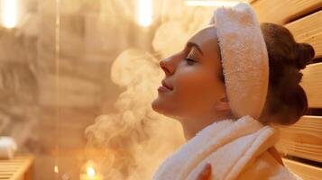 ein Person entstehenden von das Sauna mit ein verjüngt und erfrischt aussehen auf ihr Gesicht. foto