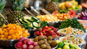 ein bunt Array von exotisch Früchte und Gemüse schmücken das Buffet Tabelle Bereitstellung ein erfrischend brechen zwischen tanzen Sitzungen beim diese beschwingt Salsa und Essen Veranstaltung foto