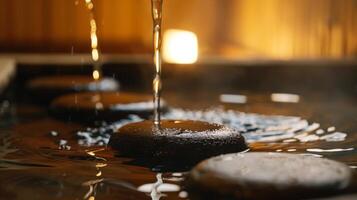 ein Person einarbeiten traditionell Sauna Rituale eine solche wie Gießen Wasser auf heiß Steine in ihr virtuell Sauna Sitzung. foto