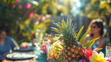 Bild 5 ein sonnig Hinterhof Szene mit ein Picknick Tabelle geschmückt mit ein tropischinspiriert Kernstück von Palme Wedel Ananas und bunt Blumen umgeben durch Gäste genießen ein tropica foto