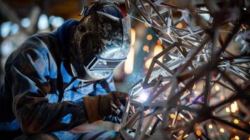 konzentriert auf ihr Aufgabe ein Arbeiter vorsichtig Schweißnähte zusammen das kompliziert Rahmen von ein Metall Skulptur foto