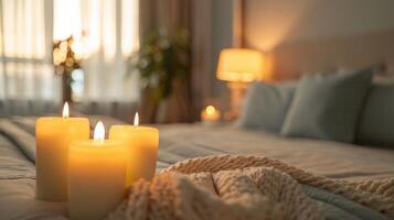 das Sanft glühen von das Kerzen schafft ein verträumt und intim Ambiente im das Schlafzimmer. 2d eben Karikatur foto