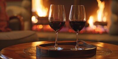 ein klein Tablett von rot Wein und zwei Brille sitzen auf das Kaffee Tabelle bereit zum ein romantisch Toast im Vorderseite von das Feuer. 2d eben Karikatur foto