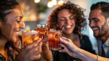 ein Gruppe von Mitarbeiter Austausch Ideen und lacht während nippen auf handgemacht Cocktails nehmen ein brechen von das Büro zum ein Kunst Cocktail Stunde foto