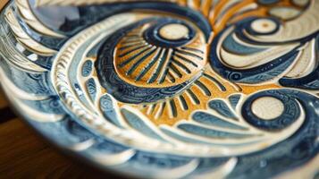 ein handgemalt Keramik Teller mit ein geschichtet Design von wirbelnd Muster präsentieren das Künstler Präzision und Fähigkeit. foto