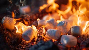 goldbraun Marshmallows langsam drehen Über das Flammen von ein öffnen Feuer foto