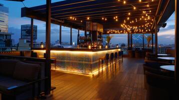 das Dach Bar bietet an atemberaubend Ansichten von das Stadt Beleuchtung Erstellen ein magisch Atmosphäre zum ein Nacht aus. 2d eben Karikatur foto