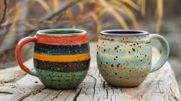 ein Paar von Keramik Tassen einer glatt und einer texturiert demonstrieren das Unterschied Grogs können machen im das Handarbeit Verfahren. foto