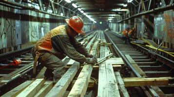 ein Zimmermann Messung und Sägen Holz zu bauen das Rahmen zum das Stationen Wände und Decke foto