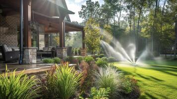 ein Schuss von ein draussen Terrasse Bereich mit das Sprinkler System automatisch drehen auf zu Wasser das Pflanzen beim das programmiert Zeit während draussen Sprecher abspielen das Hausbesitzer Favorit foto