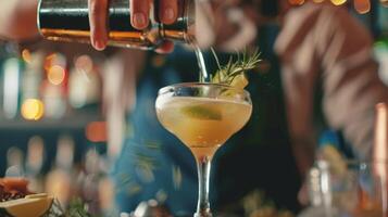 ein Barmann führt ein Mixologie Demonstration zeigen Gäste Wie zu Kunst kreativ und köstlich Cocktails mit das Neu Nullalkohol Spirituosen foto
