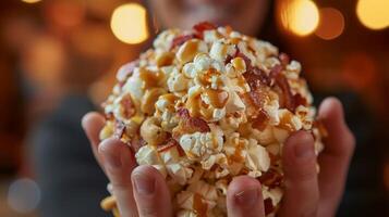 ein Person nehmen ein beißen von ein geladen Popcorn Ball gefüllt mit Belag mögen Speck Erdnüsse und Karamell foto