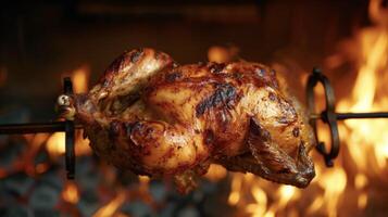 ein ganze Hähnchen langsam dreht sich auf ein Rotisserie Über das brüllend Flammen es ist Haut knusprig zu Perfektion. es ist aromatisch Reise von das Grube zu das Teller ist fast Komplett lesen foto