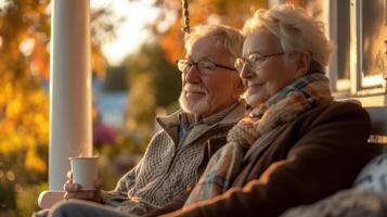 ein im Ruhestand Paar genießen ihr Morgen Kaffee auf ihr Veranda schwingen aalen im das früh Sonne und nehmen ein wenige Momente zu gerade Sein im das Geschenk foto