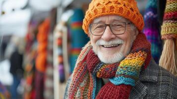 ein Alten Mann stolz Anzeigen seine handgestrickt Schals und Hüte beim das Kunst Messe eifrig zu Teilen seine Leidenschaft mit Besucher foto