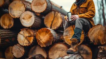 ein Arbeiter Sitzung auf ein Stapel von Holz Balken halten ein Thermosflasche von Kaffee im ihr Hände foto