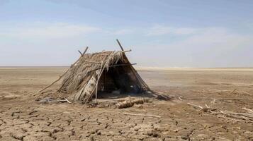 im das Mitte von ein unfruchtbar Wüste ein Gruppe von Nomaden haben erstellt ein provisorisch Sauna von natürlich Materialien mit das heiß Sonne zu ihr Vorteil. foto