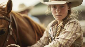 ein Cowgirl suchen heftig und furchtlos wie sie Griffe auf zu das regiert von ihr Pferd bereit zum ein herausfordernd Abseilen Lauf während trainieren foto