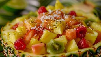 ein tropisch Obst Salat im ein geschnitzt aus Ananas Schüssel mit ein streuen von getoastet Kokosnuss Flocken und ein Nieselregen von Honig foto