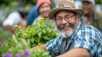 ein Gruppe von Rentner glücklich Plaudern und Tauschen Gartenarbeit Tipps wie Sie Arbeit Seite durch Seite im das Gemeinschaft Garten Gebäude Freundschaften während fördern nachhaltig Leben foto