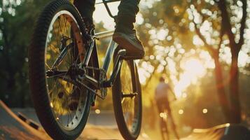ein Person mühelos balancieren auf ihr Fahrrad wie Sie navigieren durch ein Serie von herausfordernd Hindernisse im ein städtisch Fahrrad Park foto