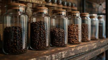 mehrere Glas Gläser gefüllt mit variieren Schatten von Kaffee Gründe jeder Darstellen ein anders braten Niveau von Prämie Bohnen foto