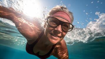 ein Senior Frau gleitet durch das Wasser ihr glatt schwimmen Kleidung und getönt Muskeln Beweis von das Leistungen von Schwimmen im Pensionierung foto