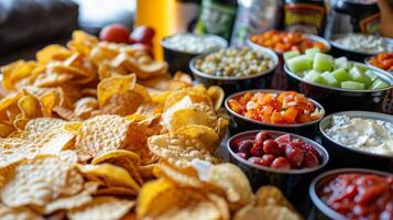 ein Nahansicht Schuss von ein Spiel Tag Snack Teller gefüllt mit Chips Dips und Gemüse umgeben durch Büchsen von Nullalkohol Bier foto