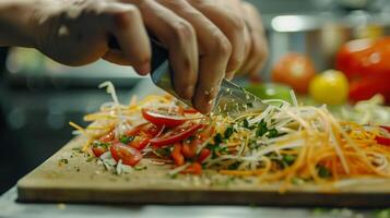 ein Koch mit ein Mandoline zu erstellen Papier dünn Scheiben von Gemüse zum ein zart und kompliziert Salat foto