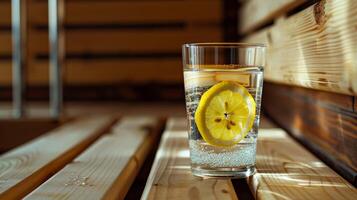 ein Glas von erfrischend Zitrone Wasser Sitzung auf das Kante von das Sauna Bank. foto