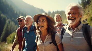 ein Gruppe von im Ruhestand freunde Wandern im das Berge genießen das Schönheit von Natur während behalten ihr Körper stark foto