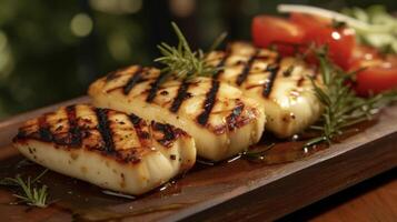 zärtlich Halloumi zart gegrillt und geschmückt mit rauchig Grill Linien foto