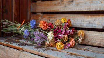 ein bündeln von Welken Blumen p draußen das Sauna symbolisieren das Toxine Sein gesäubert von das Körper. foto