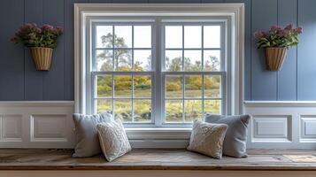 ein einfach noch elegant Fenster Gehäuse Hinzufügen ein berühren von Charme und visuell Interesse zu ein Andernfalls einfach Fenster foto