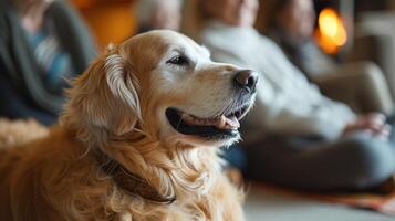 ein sanft und beruhigend Yoga Session beim ein Pensionierung Zuhause das Bewohner lächelnd wie ein trainiert Therapie Hund macht das Runden Bereitstellung Komfort und Gesellschaft foto