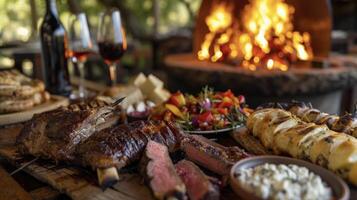 ein Tabelle überfüllt mit gegrillt Delikatessen von zärtlich und sehr Rindfleisch Rippen zu knusprig und Bohnenkraut provoleta Käse. das heftig Hitze von das Feuer Grube fügt hinzu zu das Intensität Ö foto