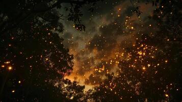 Glut von das Feuer schweben oben in das dunkel Himmel Erstellen ein magisch und zauberhaft Ambiente. 2d eben Karikatur foto