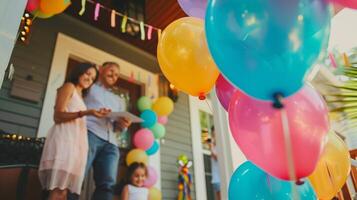 ein Familie dekorieren ihr Veranda mit bunt Luftballons und Luftschlangen bekommen bereit zu Überraschung ihr geliebt einer mit ein Abschluss Party zum Abschluss ein Reha Programm foto