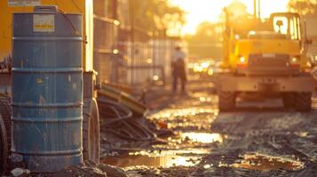 wie das Sonne schlägt Nieder auf das Konstruktion Seite? ˅ ein Wasser Kühler steht in der Nähe Bereitstellung ein kurz Aufschub zum das Arbeitskräfte foto