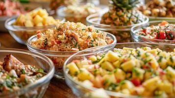 ein Tabelle gefüllt mit ein Vielfalt von Ananas Geschirr von Ananas gebraten Reis zu Ananas Salsa beim ein Gemeinschaft Potluck zum Ananas Tag foto